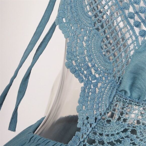 NEW! Blue Crochet Lace Ruffled Halter Mini Dress - Picture 10 of 11